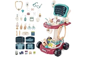 deAO Petit Docteur Playset Centre, Médical Portatif sur Roues Jeux d'Imitation Comprend 29PCS Accessoires, Doctor Kit pour Enfants Pretend Medical Station avec Lumières et Son