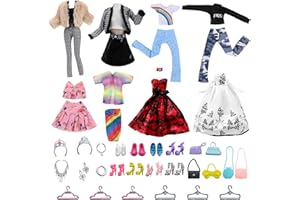 NVGVUP 34 ubrania i akcesoria dla lalek Barbie 11,5" 2 sukienki wieczorowe 2 pluszowe płaszcze 2 luźne spodnie 2 letnie spódnice 8 par butów 18 akcesoriów Prezent na Boże