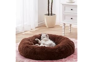 SunStyle Home Donut Dog Bed,Calming Round Dog Cat Bed Machine Washable, Soft and Fluffy Cuddler Pet Cushion Self-Warming Puppy Beds(Chocolate 60CM)