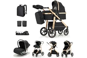 Kakbgee 3-in-1 Kinderwagen | Kombi-Kinderwagen mit Babyschale | Buggy mit Höhenverstellbarem Griff | Aluminium-Rahmen | Moskitonetz | für Neugeborene 0-4 Jahr