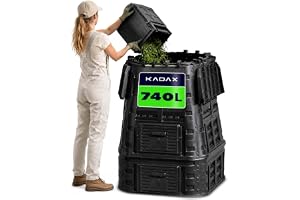 Compost Kadax Komposteringssystem, svart komposteringssystem, plastkompost, klimatbeständig termisk kompost med vikbart lock (740L)