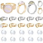 SUNNYCLUE 1 Box 40 Pieces DIY 20 Sets Adjustable Stainless Steel Ring Base Clear Glass Cabochon Settings for Jewelry Making F