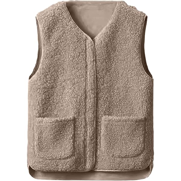 Joligiao teddy fleece vest voor dames, voor herfst en winter, warm, mouwloos, licht casual, effen, jack met knop-door-sluiting en V-hals, vest met zakken, outwear, koffie, XXL