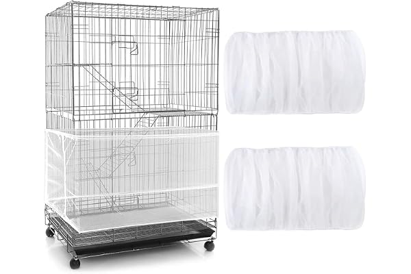 PLABBDPL Couverture de Cage à Oiseaux, 2 Pièces Housse de Protection en Maille, Ajustable Attrape Graine, Filet de Perroquet en Maille de Nylon, Couvre-Jupe Guard pour Cage Rondes Carré, Blanc