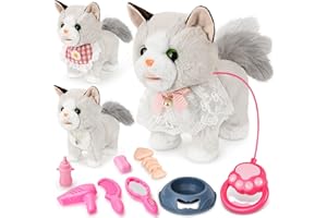 LumenVela Katze Spielzeug Kinder, Interaktives Kuscheltier Katze mit Leine und Bekleidungszubehör, Elektronische Haustiere der Läuft, Miaut und Schwanz Wedeln Geschenk für Mädchen 4 5 6 7 8 9 Jahre