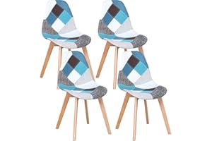 GrandCA HOME Pack de 4 Sillas de Comedor Sillas de Cocina, con Patas de Madera, Sillas de Tela Patchwork con Cojín de Asiento Acolchado, Azul