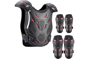 PELLOR Aggiornato Armatura Moto Per Bambini, 5 Pezzi Set Pettorina Motocross Bambino con Ginocchio/Gomiti/Torace, Paraschiena Moto Protezione Torace Ideale per Ciclismo,Sci,Equitazione,Skateboard