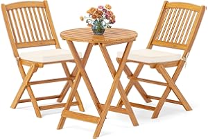 GIANTEX Set de Bistró con 3 Piezas Plegables, Mesa y Sillas Terraza de Madera de Acacia con 2 Cojines Acolchados Removibles, Muebles de Exterior para Patio Jardín Veranda Balcón (Beige)
