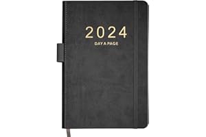 BOXOB Kalendarz Dzienny 2024, 14,8x21,3cm Dziennik z Jedna Strona Dziennie z Harmonogramami Godzinowymi Skórzana Okladka A5 Dzienny Planer Zeszytu z Zakladkami Miesiecznymi (Czarny)