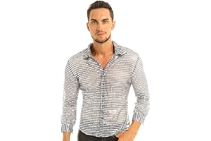 Mufeng Camicia Uomo Elegante Magliette a Manica Lunga con Paillettes Trasparenti Camice da Ballo Uomo Latino T-Shirt Sexy Smoking Camicetta Fitness Slim Clubwear