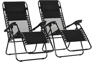 Outsunny Garden Recliner Chairs Set of 2, Outdoor Foldable Zero Gravity Chairs Set w/Footstool and Detachable Headrest, Black