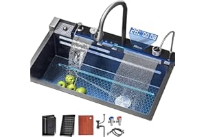 EARNMORE Fregadero de acero inoxidable negro fregadero de cocina multifuncional cascada grifo grande fregadero de un solo tazón patrón de panal de abeja de acero inoxidable (68 x 45 x 22 cm)