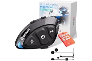 Moman Auriculares Casco Moto, RS-S Ligero Manos Libres Auriculares Inalámbricos con Micrófono HiFi Estéreo Reducción de Ruido/Radio FM/Botón Apto para Guantes/Asistente de Voz/IPX6 Impermeable