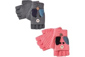 FIBOUND 2 Pares de Guantes Convertibles sin Dedos para Niños Y Niñas de 5 A 12 Años, Guantes de Invierno con Tapa Abatible, Guantes Medios Dedos para Niños, Guantes de Dibujos Animados para Niños Y Niñas