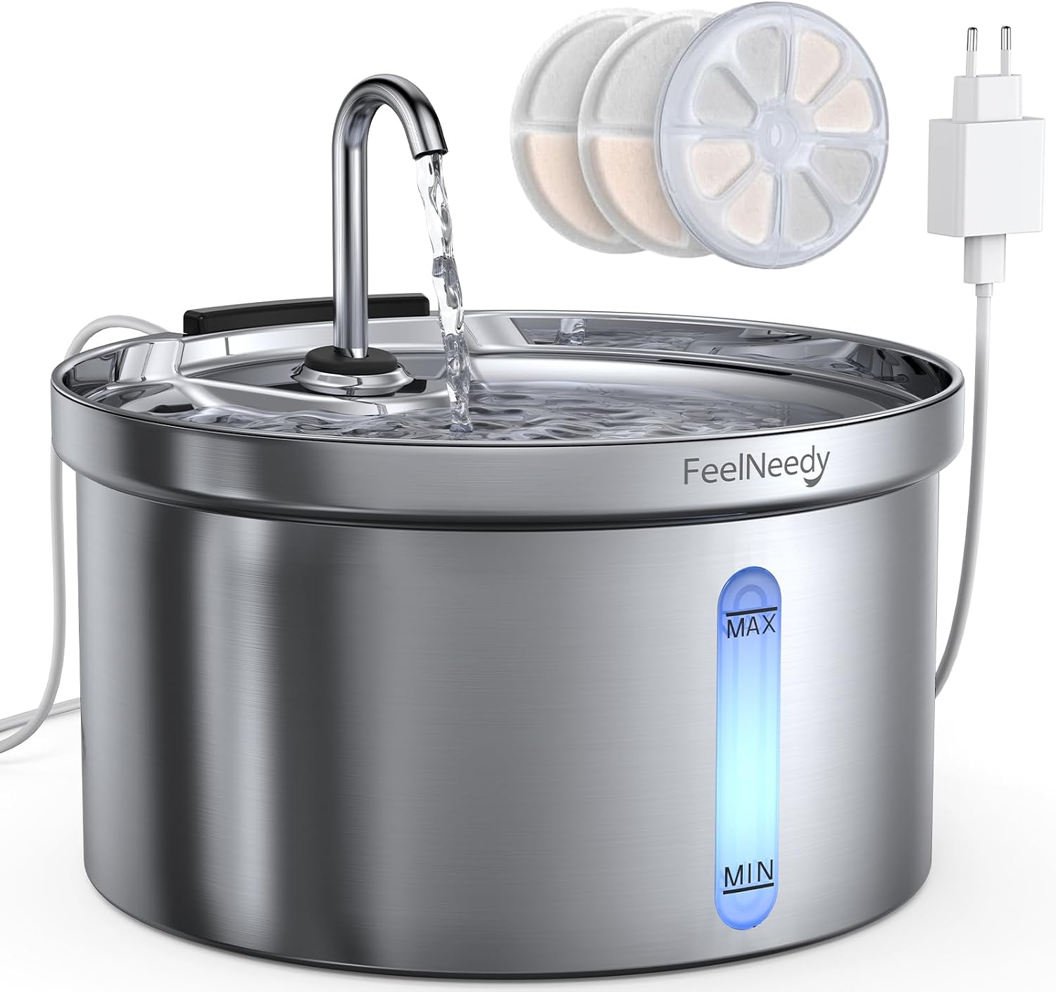 FEELNEEDY Fontaine a Eau pour Chat en Acier Inoxydable 3,5L Fontaine à Eau Avec Robinet pour Chat Silencieuse avec 3 Filtre et Chargeur USB, Distributeur d'eau Chat Automatique