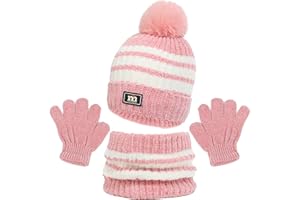 Oneshlee Conjunto Gorro Bufanda Guantes Niño Invierno, Braga Cuello Sombrero Manoplas Conjunto Termicos Punto Para Niño Niña 2-10 Años Exterior Deportes Esquí Ciclismo