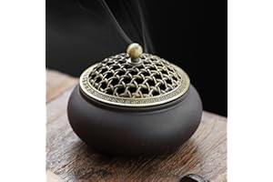 YHZPDP Keramik Räuchergefäß Vintage Weihrauchbrenner mit Metall Deckel und Feuerfeste Räucherstäbchenhalter Halter Rund Chinesisch Porzellan Räucherschale für Home Meditationsraum Wohnzimmer Office Deko