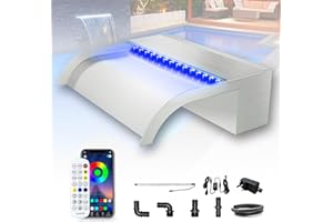 ‎LONGRUN Longrun 30cm Teich Wasserfall Klingen Set, 304 Edelstahl Gebogener Wasserfall mit 7 Bluetooth Farben LED und Fernbedienung, Breite 25.5cm