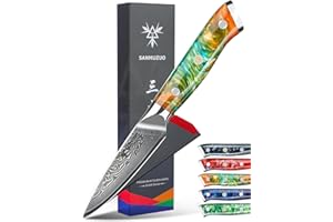 SANMUZUO Damas Couteau d'Office avec Lame 9 cm Professionnel Couteau Cuisine Couteaux à découper en VG-10 67 Couche Damas Acier avec Poignée en Résine(Orange Fantastique) - Xuan Série