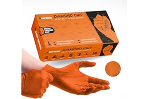 GripSense Nitrile Gloves (Pack of 50) - High Density Diamond Grip Orange Gloves - Latex & Powder Free Orange Nitrile Gloves Large - Mechanic Gloves Extra Thick & Super Strong - Max Dexterity L5