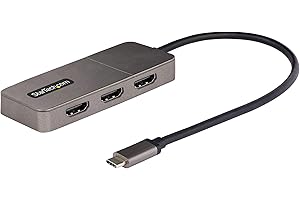 StarTech.com 3-portowy adapter USB-C z wieloma monitorami, USB typu C na 3 x HDMI MST, potrójny przedłużacz/rozdzielacz wyświetlacza laptopa 4K 60 Hz, HDR, bardzo długi wbudowany kabel, Windows