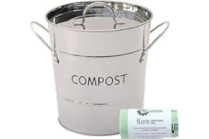Stainless Steel Metal Kitchen Compost Caddy & 50x 6L All-Green Compostable Bags- Composting Bin for Food Waste Recycling