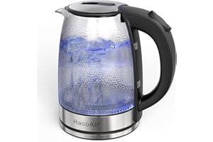 Haooair 1.8liter Glas Wasserkocher, mit blau LED, Aufheizen leise, Trockengehschutz, Auto-Off, Einfach zu reinigen