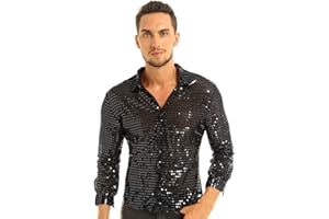 Mufeng Camicia Uomo Elegante Magliette a Manica Lunga con Paillettes Trasparenti Camice da Ballo Uomo Latino T-Shirt Sexy Smoking Camicetta Fitness Slim Clubwear