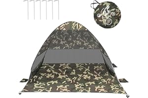 LES-THERESA Tente Parasol de Plage, Pop Up Tente de Plage, 3-4 Personnes, Abri de Plage Anti UV avec Une Porte et Trois Fenêtres Grillagées, Parasol Plage Faciles à Utiliser avec Sac de Rangement (Camouflage)