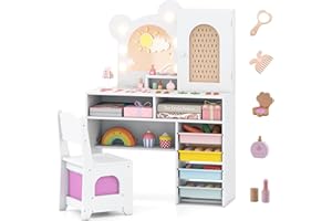 COSTWAY toaletka dla dzieci w kształcie niedźwiedzia, stół do makijażu dla dzieci z oświetleniem, lustrem, szafą, 5 szufladami i półkami, stół do fryzur księżniczki z drewna, zestaw kosmetyczny dla