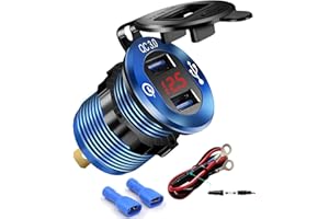 iMESTOU Adaptateur de Chargeur de Téléphone USB Double en Aluminium Quick Charge 3.0 Marine, Prise de Courant USB étanche pour Voiture avec Voltmètre, Fusible 10A pour Moto 12/24V Bateau, ATV, UTV