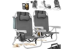 TecTake® 2 Sedia da Spiaggia, Spiaggina Pieghevole Funzione Zaino, Sedie da Giardino, Telaio Alluminio, Sdraio Da Spiaggia, Schienale Regolabile, Sdraio pieghevole, Borsa Termica, Sedia Mare - Grigio
