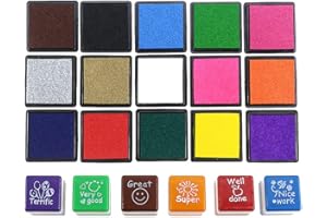 LOG-CABIN 6 Piecs Portable Self-Inking Teachers Stamps Creative Teacher Review Stamps for Education,Including Well Done, Super, Great, Nice Work, Very Good, Terrific with 15 Color Ink Pads (6pcs Stamps)