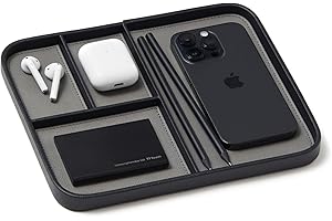 NORDIK BY DESIGN Nordik Leather Valet Tray - Pebble Black - Premium Vegan Leather Stylish and Organised Nightstand Caddy for Men - EDC Catchall for Keys, Watch, Wallet, Jewellery