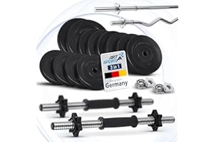 ArtSport Ensemble d'haltères courts de musculation 3-en-1 avec 2 haltères courts, 1 haltère long et 1 haltère curl SZ – 12 poids de 60kg avec fermetures en étoile