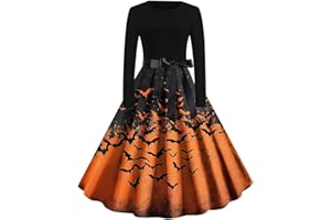 HAOLEI Halloween Costumes Adult Women, Ladies Halloween Dress Retro Pumpkin Skeleton Print Long Sleeve A Line Swing Dress Black Vintage Skull Witch Rockabilly Party Cocktail Novelty Dresses