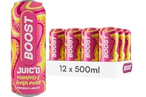 Boost Juic'd Energy Drink Pineapple & Guava Juice Punch | 12 Multipack Carbonated Soft Drinks with Real Fruit, High Caffeine, Taurine and Vitamin B | Fizzy Energy Drink Multipack | 12x500ml