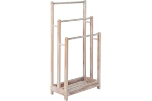 RELAX4LIFE 3-Tier Towel Rack, Freestanding Towel Rail Towel Holder with Bottom Shelf & Anti-Tipping Device, Wooden Towel Drying Bar Stand for Bathroom Hotel Poolside (Washed White)