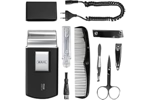 Wahl Travel Shaver Kit, Recargable, Lámina Flexible, Incluye Cepillo de Dientes, Lima de Uñas, Tijeras de Uñas, Pinzas, Peine, Sin Arañazos, Perfecto para Viajar, Pequeño, Estuche de Viaje, Plata