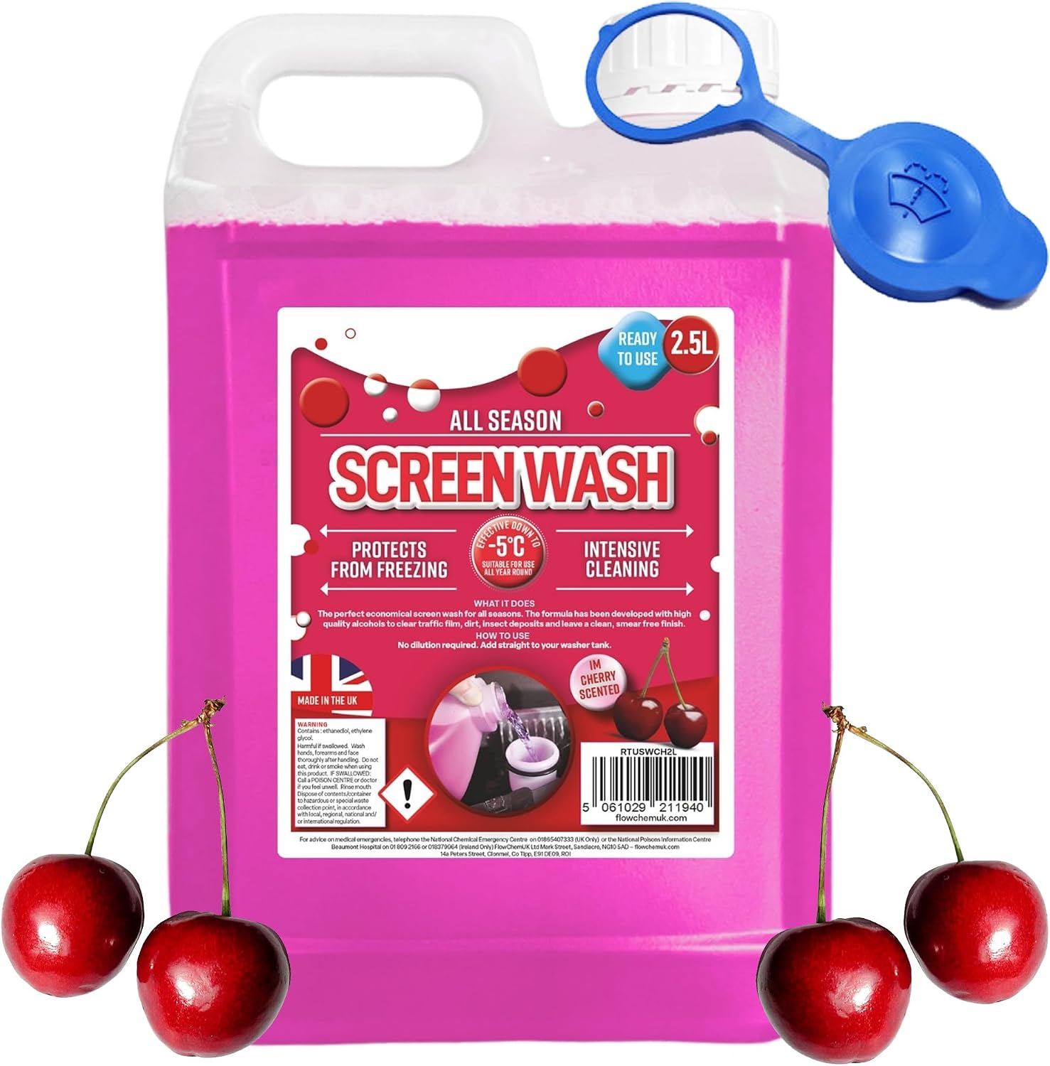 2.5L Cherry Scent All Season Screenwash Effective Down To -5°C Protects From Freezing Ready To Use (1 x 2.5 Litres)
