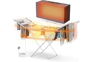 E-SMARTER Heated Clothes Airer with Cover, 18 Heated Pipes Electric Airer Clothes Dryer, Foldable Drying Rack Saving Space, Indoor Heated Drying Rack Suitable for Most Fabrics