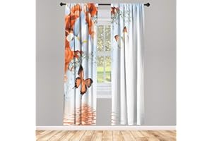 ABAKUHAUS Floreale Tenda in Microfibra, Natura Tema Fiori selvatici monarca volo di farfalle Lily sul lago di Terapia Spa, Pannelli Set di 2 per Trattamenti Finestra, 150 cm x 245 cm, Arancia bruciata