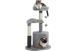 PETEPELA Small Cat Tree 83cm Modern Scratching Post for Small to Medium Size Cats Cat Tree with Plush Cave Bobble Ball Sisal Rope Scratching Post Grey