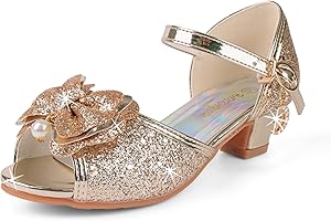 EDOSIR Zapatos de Vestir Niñas Brillo Brillando Sandalias de Fiesta Niños Tacones Bajos Zapatos de Princesa Bowknot Zapatos Mary Jane Pequeñas Zapatos de Baile Ceremonia