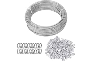 TooTaci 3mm Edelstahlseil 30M Stahlseil mit ösen, 3mm Drahtseil Edelstahl Spanndraht aus PVC-ummantelt, 50 Stück M3 Crimphülsen, 20 Stück Kauschen, für Zaun, Hängen, Gardinen