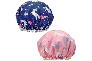 WATAWATA 2 Pcs Unicorn Shower Caps for Women, Waterproof Double Layers Reusable Shower Caps, Oil-proof Cap Bath Caps for Kids, Ladies, Girls (Unicorn)