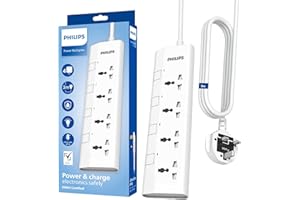 Philips 4-Way Universal Power Extension Cord with Individual Switches (3M), 2500W Overload Protection, 750°C Fire-Resistant, 3x1mm² Heavy Duty Cable, 13A Fuse, ESMA Certified, UK Plug - White