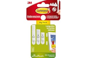 Command Languettes Accroches Tableaux, Multi-Pack, 8 Paires de Grandes, 6 Paires de Moyennes, 4 Paires de Petites Bandes Adhésives, Blanches - Fixation sans Dommage