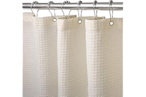VANZAVANZU Rideau Gaufre avec Anneaux en Métal Rideau Anti Moisissure Tissu Rideau Salle de Bain Robuste pour Cabine de Douche, Ourlet Lesté - 182x182CM (Crème)