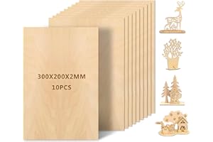 Leseed 10 Pièces Contreplaqué 2mm, Planche Bois Brut Tilleul 300 x 200mm pour DIY, Peinture, Pyrogravure, Découpe Laser, Modélisme et Autres Loisirs Créatifs, Panneau en Bois pour Débutants